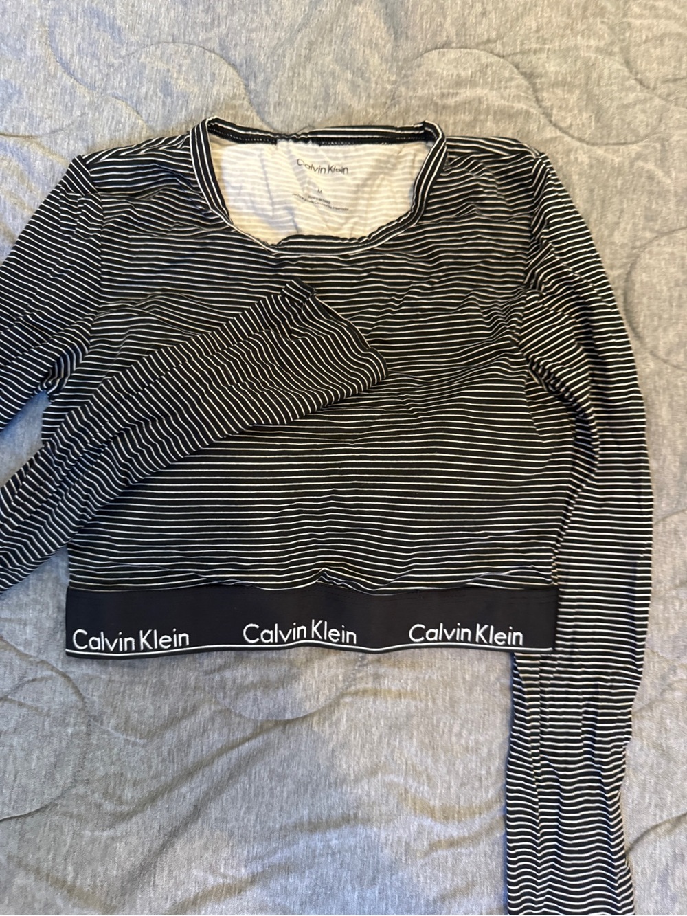 Calvin Klein Black & White Striped Long-Sleeve Crop Top with Logo Band